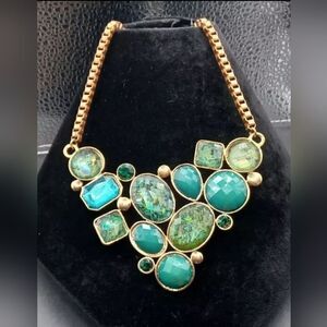 JTV Fauceted Green Blue Goldtone Statement Necklace NWOT